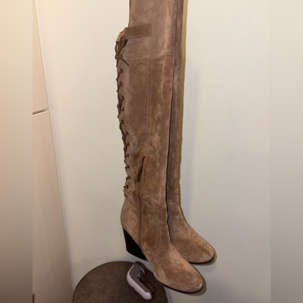 Sam Edelman Tan Camel Brown Suede Over the Knee Lace Up Heeled Boots Size 8 - Picture 5 of 9